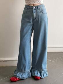 DAZY Women's Regular Waist Lace Patchwork Loose Straight Leg Jeans, Casual Denim Pants - Medium Wash - View 4