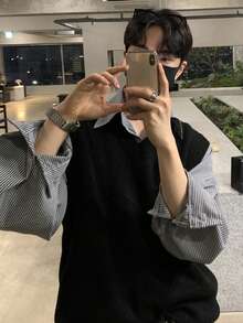 DAZY 男士纯黑色V领针织背心，适合通勤，春夏穿着 - 黑色 - 查看 1