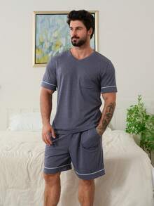 DAZY Men's Solid Color T-Shirt And Shorts Pajama Set, Summer - Blue - View 4