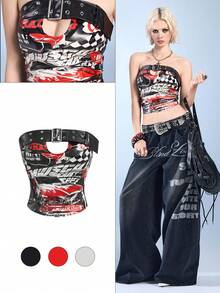 ROMWE Avant Áo ống nữ phong cách retro biker cá tính, gợi cảm với họa tiết xe máy và khóa cài trang trí. - màu đen - Xem 9