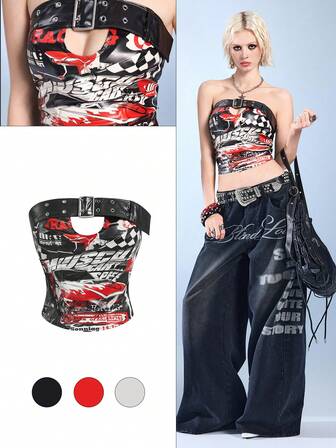 ROMWE Avant Women's Retro Biker Chic Sexy Motorcycle Print Buckle Strap Decorated Tube Top