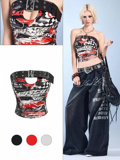 ROMWE Avant Women's Retro Biker Chic Sexy Motorcycle Print Buckle Strap Decorated Tube Top
