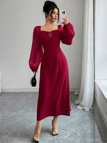 Modelyn French Design Square Neck Rhinestone Patchwork Women Dress - Burgundy - View 7