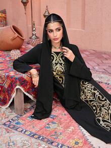 Al Najma Elegant  Arabic Style Gold Thread Embroidery Patchwork Maxi Dress For Women - Black - View 7