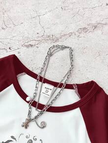 少女夏季白色爱心印花休闲简约圆领图案T恤 - 紅色 - 查看 3