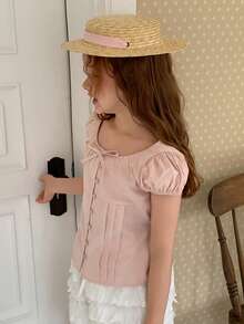 DAZY 少女纯色修身系带泡泡袖上衣 - 粉色 - 查看 5