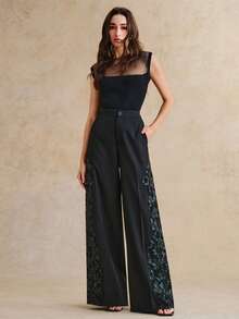 Anewsta Women's High-End Embroidered Hollow Out Straight Leg Pants, Commuting Trousers, Autumn/Winter - Black - View 6