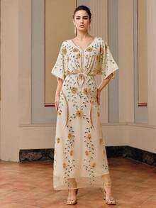 Anewsta Apricot Elegant Handmade Embroidery & Beaded Dress - Apricot - View 3