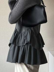 FRIFUL Áo thun nữ cổ tròn, viền kim loại, viền bèo nhún, ôm sát, thoải mái - Xám - Xem 7