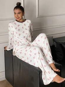 DAZY 2pcs Women Bear Print Loose Long Sleeve T-Shirt And Pants Pajama Set - White - View 5