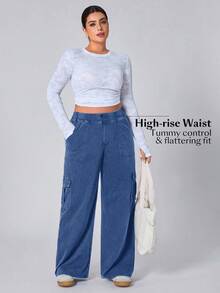 Flexra Plus Size Casual Washed Straight Leg Cargo Jeans - Medium Wash - View 6