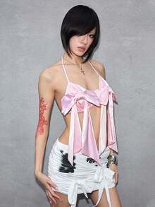 ROMWE Avant 春夏女士复古甜美性感缎面3D蝴蝶结装饰比基尼式吊带背心 - 粉色 - 查看 9