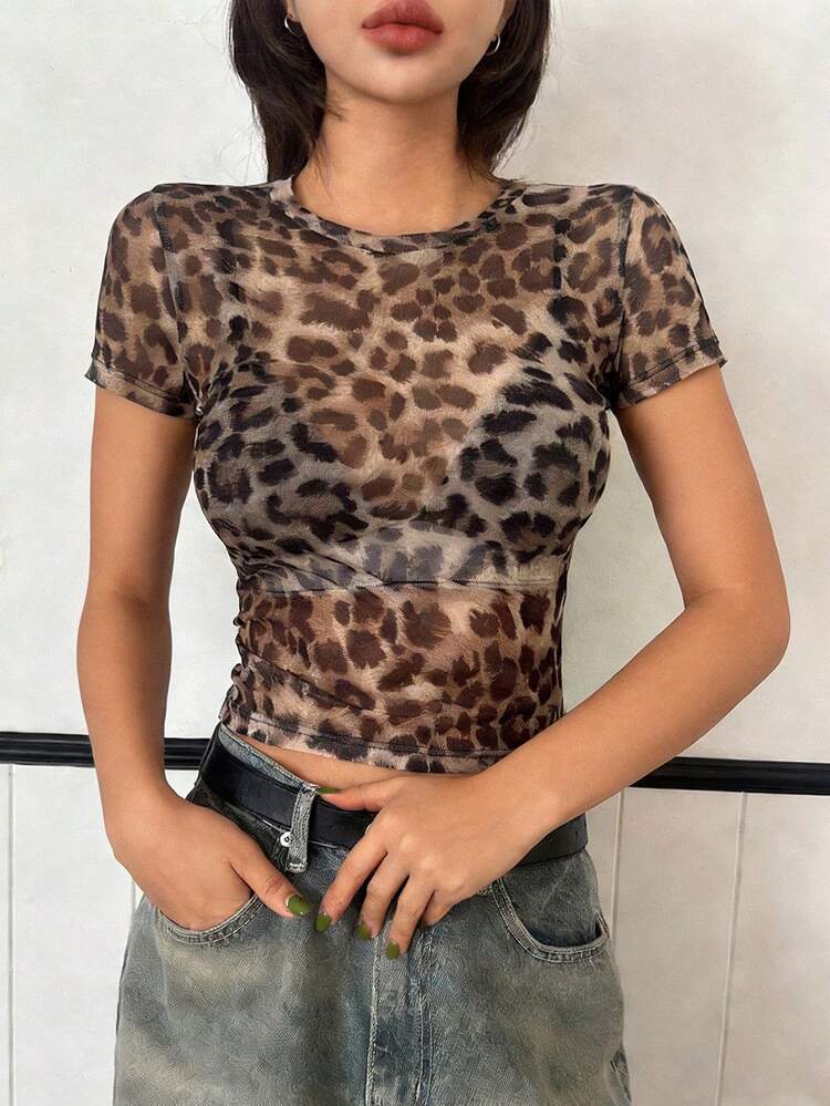 Women's Fashionable Sexy Leopard Print Mesh Short Sleeve T-Shirt Going Out Tops Women