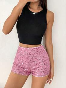 SHEIN EZwear 粉色时尚音乐节派对女式针织短裤 - 粉色 - 查看 5