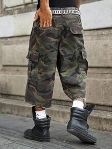 Manfinity EMRG Men's Casual Multi-Pocket Loose Hem Camouflage Denim Shorts Mens Camo Cargo Shorts Camo Baggy Shorts - Army Green - View 4