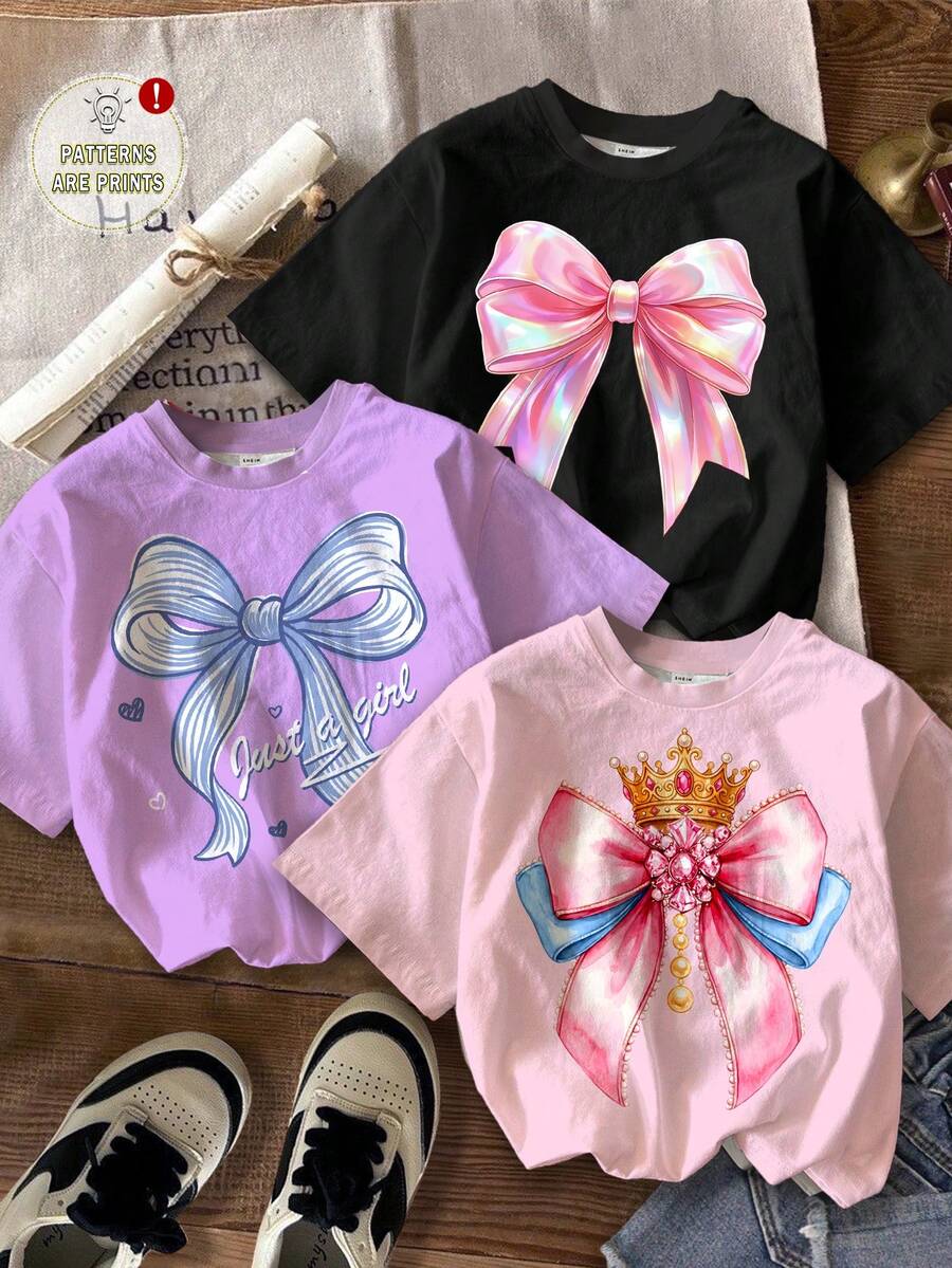 SHEIN Bộ 3 áo thun ngắn tay cổ tròn in nơ lấp lấp lánh dễ thương cho bé gái, thích hợp cho mùa xuân/hè. - Nhiều màu - Xem 1