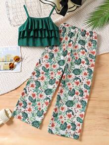 SHEIN Explorewe Tween Girls Vacation Set, Layered Ruffle Camisole + Floral Print Wide Leg Pants, & Elegant, Suitable For Daily Outing, Beach Trip, Photo Shoot - Green - View 7