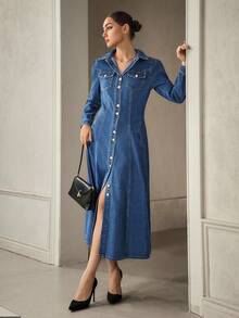 Selenza Women's Fashion Front Button Denim Dress, Suitable For Commuting - Dark Wash - View 1