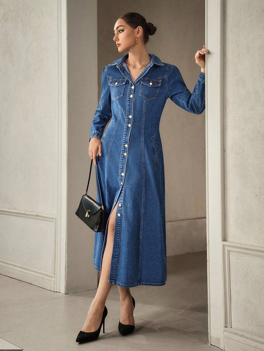 Selenza Women's Fashion Front Button Denim Dress, Suitable For Commuting - Dark Wash - View 1