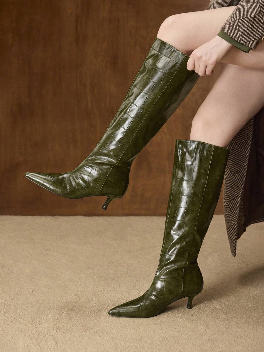 MOTF PREMIUM WOMEN CROCODILE EMBOSSED POINT TOE KNEE-HIGH BOOTS VALENTINE'S DAY - Olive Green - View 1