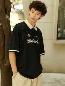 SHEIN 青少年男童撞色领校服字母印花休闲学院风舒适时尚实用百搭可爱柔软T恤，适合日常、上学、旅行、运动等场合。 - 黑色 - 查看 5