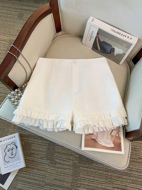 SHEIN PETITE CURVE Calça Flare Feminina de Moda Sexy, Estilo Minimalista, Adequada para Férias, Passeios, Casual Elegante, Trabalho, Com Bolsos Reais, Ajuste Justo ao Corpo, Design Cinturado, Decoração de Babados 3D, Fechamento com Zíper e Botão, Ideal para Primavera/Verão