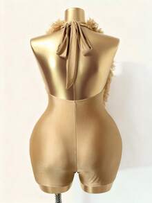 SHEIN CURVE+ Plus Size Women Sexy Vacation Style Patchwork Backless Tie-Front Romper - Khaki - View 7