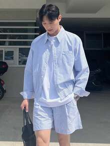 DAZY 男士蓝色条纹短裤套装，含衬衫，春夏款 - 藍色 - 查看 7