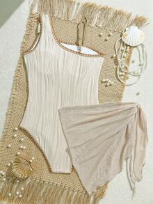 SHEIN 少女柔和蜜桃色波浪贝壳装饰连体泳衣和纱笼裙套装，温柔海滩风情