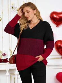 EMERY ROSE Autumn/Winter Women Plus Size Contrast Color V-Neck Drop Shoulder Casual Pullover Sweater Fall - Multicolor - View 3