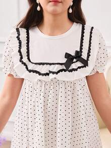 Elladie kids Girls' Round Neck Ruffle Trim Puff Sleeve Polka Dot Print Casual Dress, Elegant And Versatile For Vacation, Daily Wear - Black and White - View 5