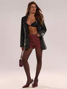 SHEIN BAE Women's Fashion Rhinestone Embellished Party Shorts - Burgundy - View 4