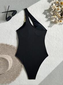Swim SXY Women's Solid Color Cutout One-Piece Swimsuit With Circular Ring Connection, Sexy Design For Vacation - Black - View 2