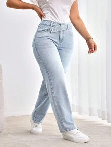 Flexra Plus Size Women Casual Straight Leg Jeans - Light Wash - View 3