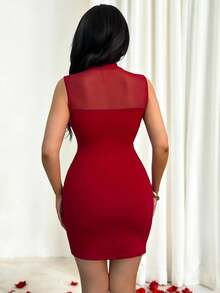 Vavine Women's Elegant Plain Knitted Fabric Mini Bodycon Dress Burgundy Sleeveless Stand Collar With Zipper Detail - Burgundy - View 2
