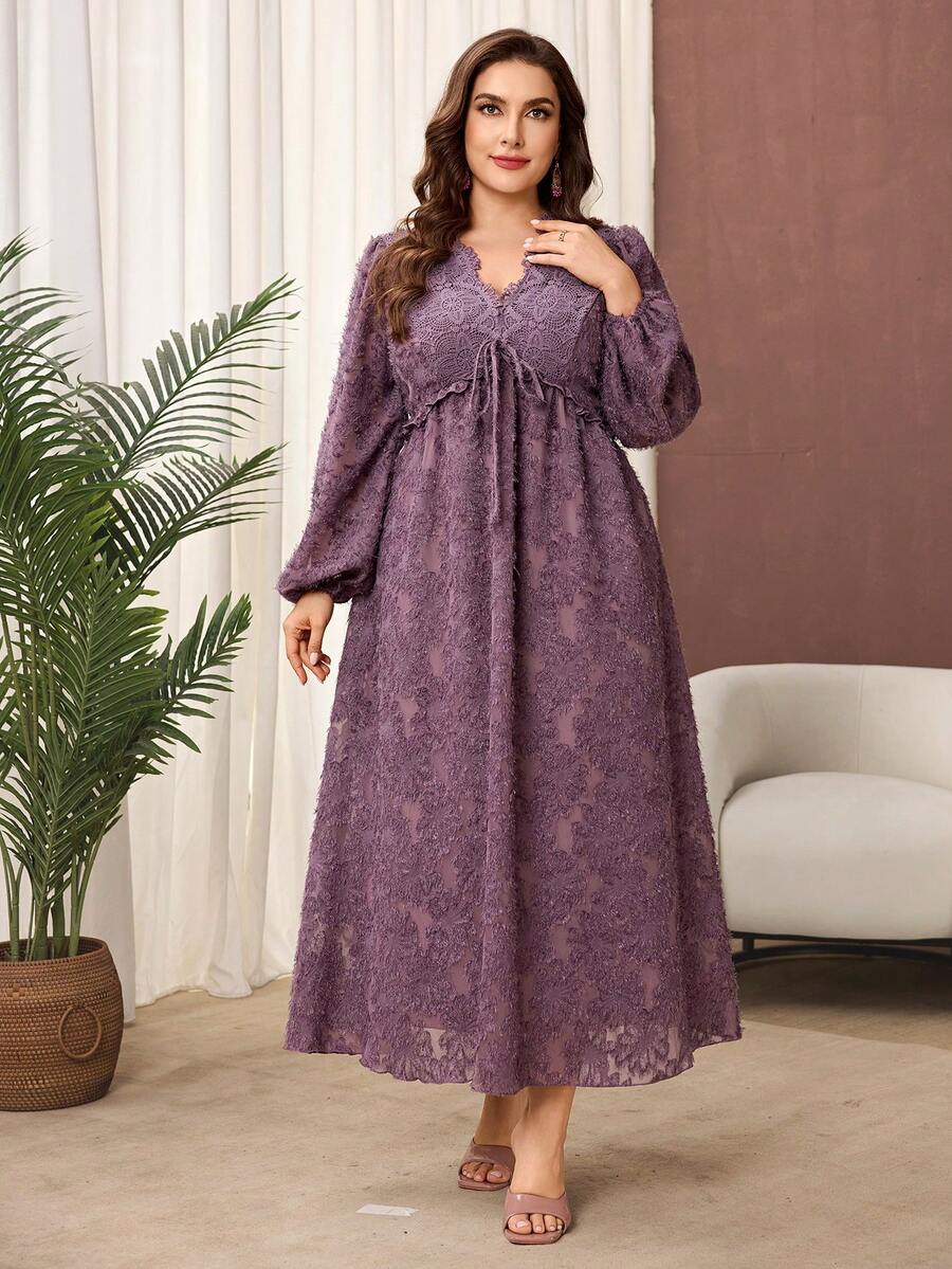 Lacomfia Đầm dáng chữ A tay phồng, cổ chữ V, chất liệu chiffon thanh lịch, phối ren hoa, phù hợp cho mọi dịp trong mùa xuân và mùa hè. - Bụi tím - Xem 1