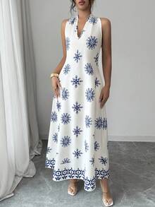 Rafferiza New V-Neck Sleeveless Printed Casual Vacation Dress - Apricot - View 4