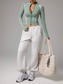 Dewbera Contrast Piping Zip-Up Stand Collar Fitted Sports Jacket