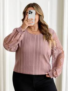 SHEIN CURVE+ 大码女式圆领撞色蕾丝长袖宽松休闲T恤 - 藕粉色 - 查看 9
