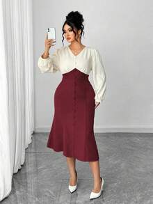 SHEIN Elenzya 时尚优雅的通勤撞色拼接美人鱼下摆加大码连衣裙 - 酒紅色 - 查看 4