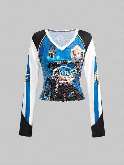 ROMWE Avant Maglietta a maniche lunghe slim fit con grafica vintage di motocicletta e contrasto di colore per donne