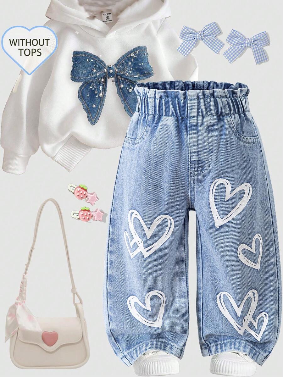 SHEIN 女婴浅蓝色弹力腰带白色爱心印花口袋设计休闲牛仔裤，适合所有季节。无论是日常出行、校园生活还是周末旅行，都能让孩子的每一天充满纯真与活力。 - 藍色 - 查看 1