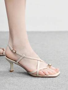 CUCCOO BIZCHIC Women's Square Toe Buckle Design Fashionable Elegant High Heel Sandals Valentine's Day - Apricot - View 5