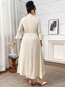 Modelyn Plus Size Elegant Solid Color Bell Sleeve Midi Dress, Suitable For Commuting - Apricot - View 5