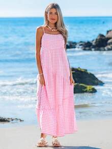 Sylviya Women's Casual Plaid Long Dress, For Daily, Vacation And Outdoor Wear, Spring/Summer,Vacation - Pink - View 3