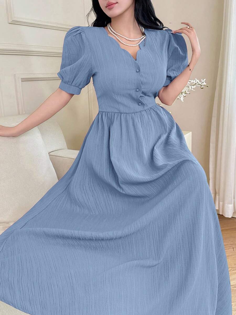 Feyla Women's Solid Color V-Neck Short Puff Sleeve Button Design Elegant Dress