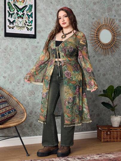 Plus Size Retro Hippie Music Festival Transparent Wooden Bead Tassel Hem Paisley Print Bohemian Maxi Cardigan