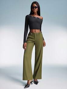 GENKIRA Quần ống đứng cạp thấp có khóa đôi - Màu xanh Ô liu - Xem 7