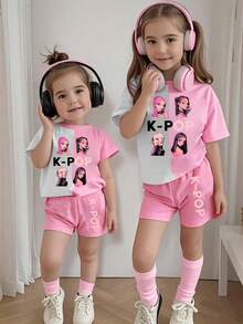 女童撞色图案圆领短袖T恤和短裤休闲套装