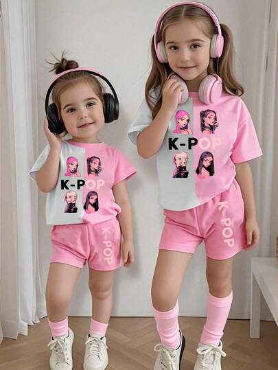 Young Girl Colorblock Graphic Round Neck Short Sleeve T-Shirt And Shorts Casual Set